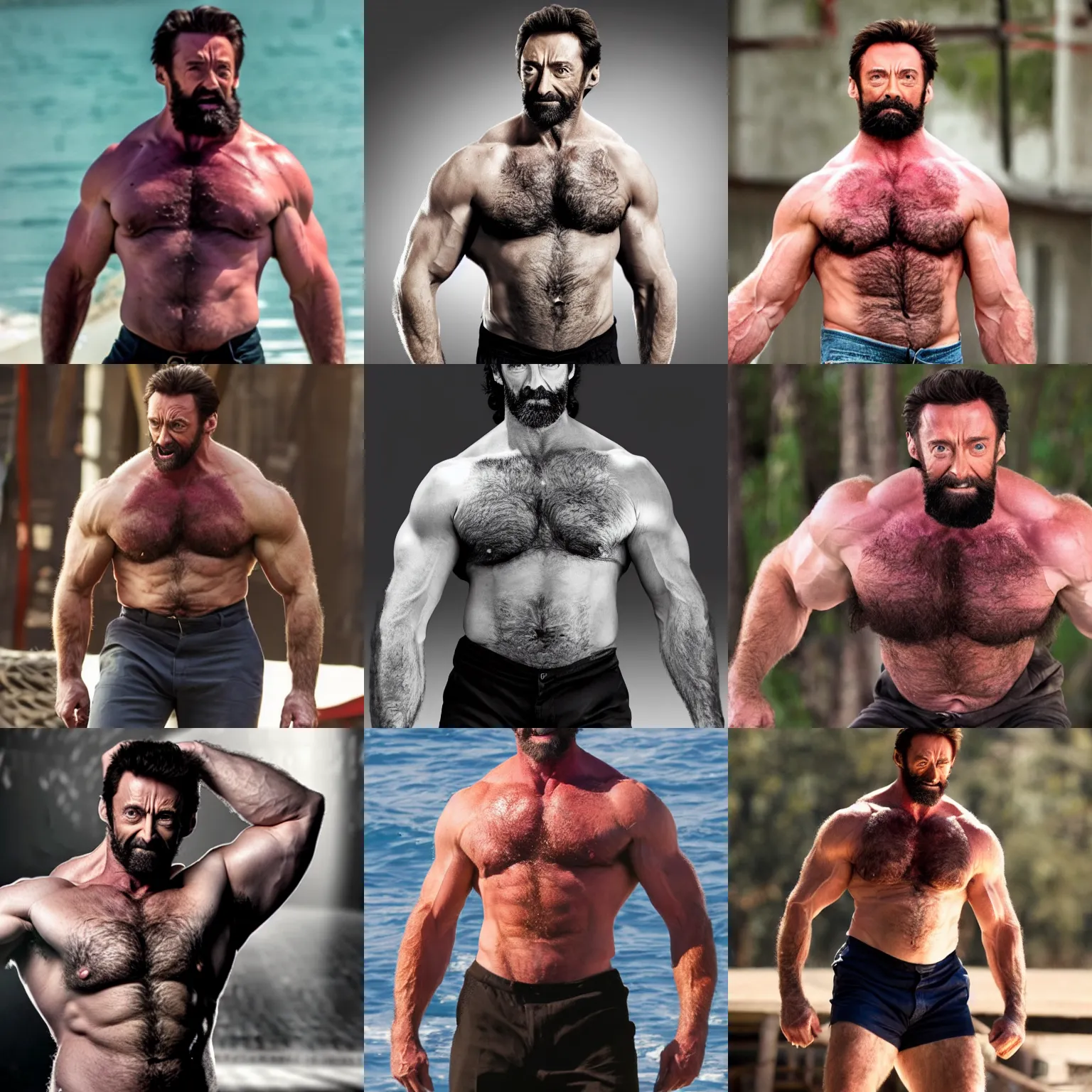 Prompt: burly hugh jackman as a strongman with a big belly, masculine, hairy torso, 4 k hd