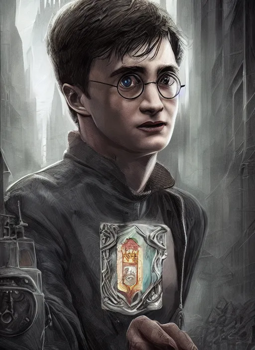 Prompt: harry potter portrait in cyberpunk, hogwarts organic, smooth, atmospheric, detailed, detailed illustration, 4 k, digital art, sharp focus, by giger