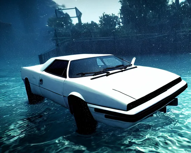 Image similar to white lotus esprit submerged under water, cinematic, photoreal, by red dead redemption 2