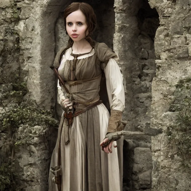 Prompt: portrait of felicity jones as a beautiful medieval maiden in a stone courtyard, confident pose, coherent, insane detail, concept art, character concept, cinematic lighting, global illumination radiating a glowing aura