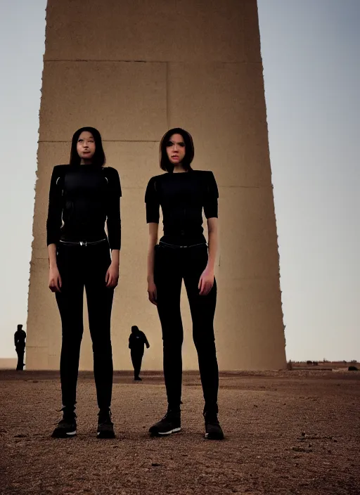 Image similar to cinestill 5 0 d photographic portrait of two loving female androids wearing rugged black techwear standing in front of a brutalist structure on a desolate plain with a red sky, extreme closeup, cyberpunk style, dust storm, 8 k, hd, high resolution, 3 5 mm, f / 3 2, ultra realistic faces, ex machina