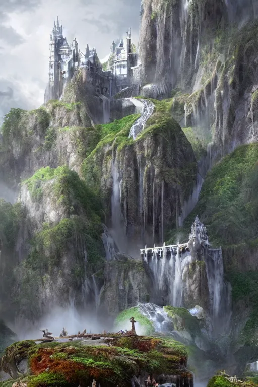 Image similar to low angle shot of a beautiful elven castle made of silver, huge waterfalls, lovely valley, by James Gurney, by Greg Rutkowski, concept art, volumetric lighting, intricate, vivid colors, octane render, trending on artstation, 8k