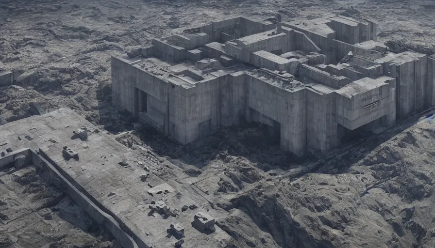 Image similar to big brutalist imperial military base on cliffs, drawing architecture, cinematic shot by greig fraser, very long shot, top angle, imperial architecture in rogue one, pritzker architecture prize, brutalism architecture, jan urschel