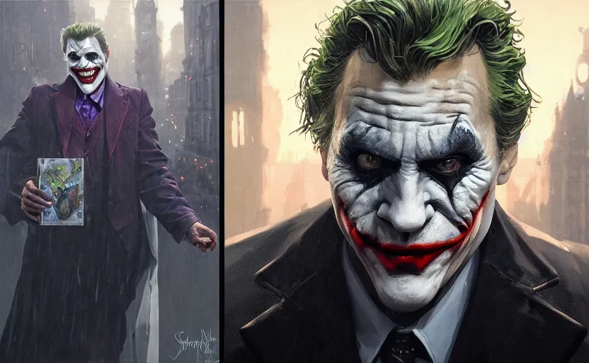 Image similar to highly detailed portrait of christoph waltz as the joker, in batman comic book, stephen bliss, unreal engine, fantasy art by greg rutkowski, loish, rhads, ferdinand knab, makoto shinkai and lois van baarle, ilya kuvshinov, rossdraws, tom bagshaw, global illumination, radiant light, detailed and intricate environment