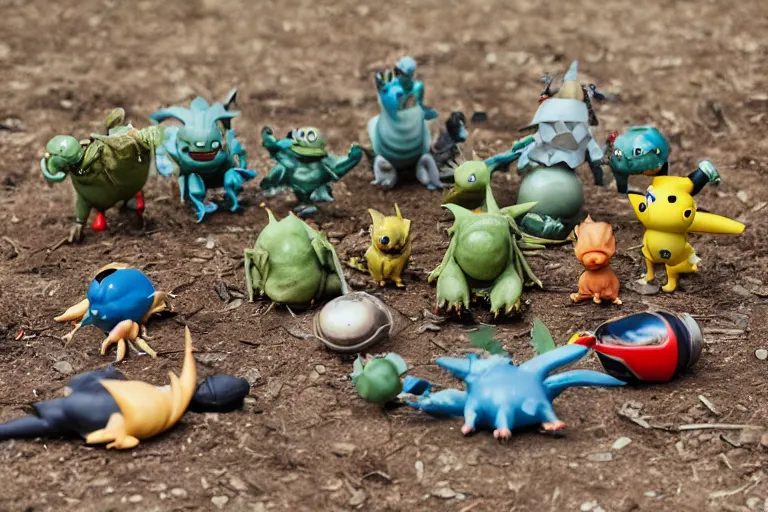 Image similar to autochrome photo of vintage disgusting brown Pokémon action figures, plastic Pokémon toys left outside for many years, backyard, kaiju, oni, realistic