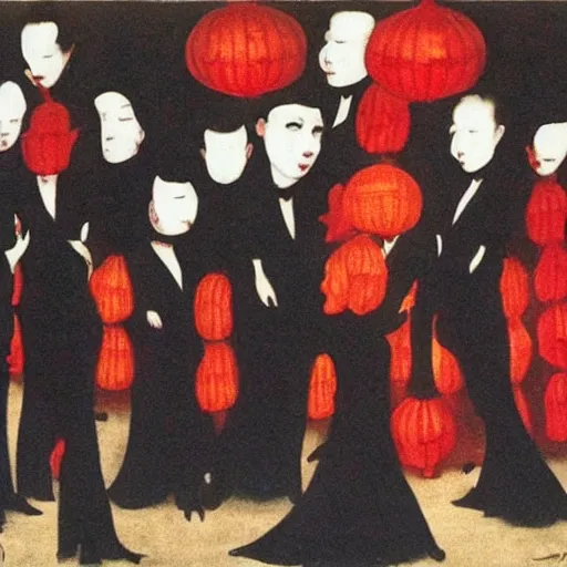 Image similar to a tiny dark black night club with a few red chinese lanterns, people's silhouettes close up, people dancing, surrealism, by romaine brooks