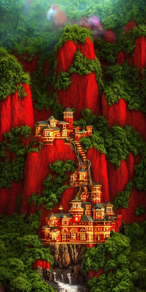 Prompt: of a beautiful Hyperrealistic red and gold castle on top of a rocky hill surrounded by waterfalls in the middle of a dark volcanic jungle with little rainbow colored fishing village in the lower valley region, macro lens, shallow depth of field, highly detailed, digital painting, trending artstation, concept art, illustration, cinematic lighting, vibrant colors, photorealism, epic, octane render