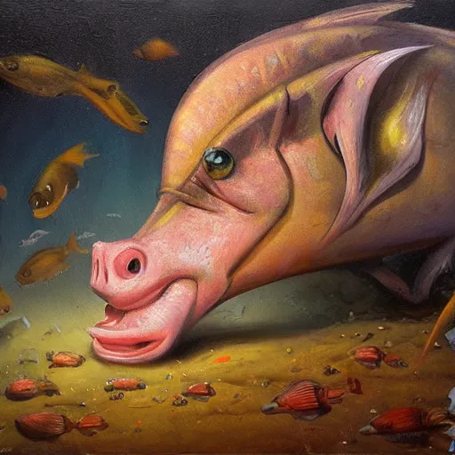 Prompt: fish - pig creature, oil painting by justin gerard