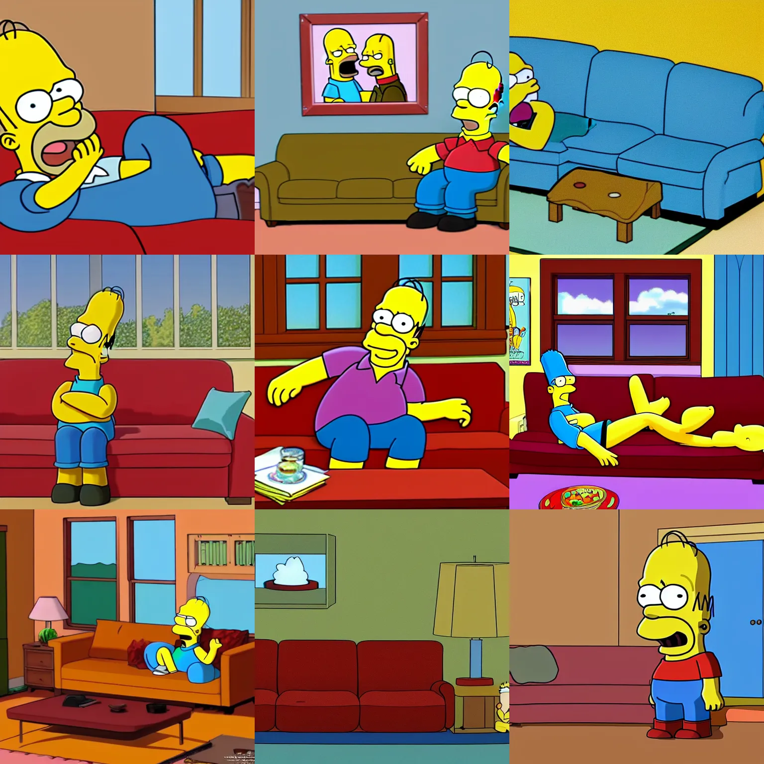 Prompt: <photo lighting=great mode=3d sitcom hd>Homer Simpson sits on his couch</photo>