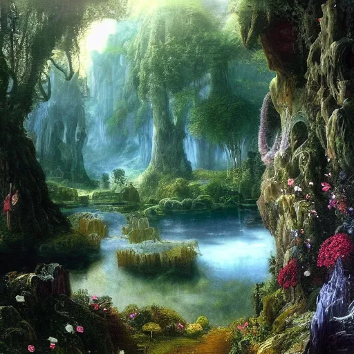 Prompt: a beautiful and highly ocd detailed matte painting of a magical garden of delights in a mystical forest in a dream like valley deep in the magical mountains of avalon, intricate details, epic scale, insanely complex, 8 k, sharp focus, hyperrealism, very realistic, by caspar friedrich, albert bierstadt, james gurney, brian froud,