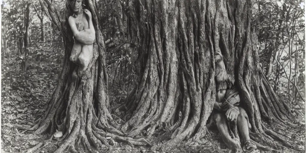 Image similar to shocked human face intertwined and fused with a tree bark in an ominous forest, 1900s photography