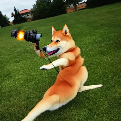 Image similar to photo of a real life ssj2 shiba inu shooting a kamehameha