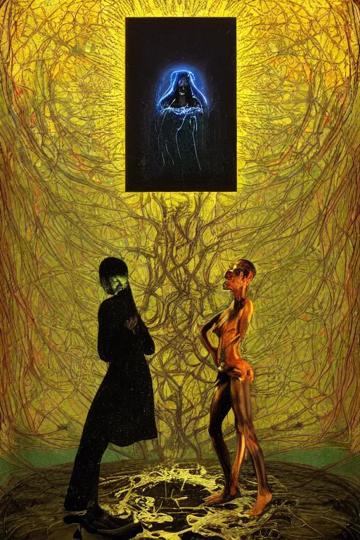 Image similar to one dark figure taming a supercomputer made of nervous system, channeling third eye energy, surrounded by a background of dark cyber mystic garden of earthly delights, midnight hour, painted part by wojciech siudmak, part by ilya repin, part by norman rockwell, part by hype williams, artstation