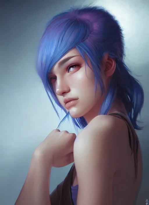 Image similar to girl with unkempt blue hair, beautiful highly detailed face, complementary lighting, backlit, eyeshadow, divine, beautiful painting by artgerm and greg rutkowski and raymond swanland