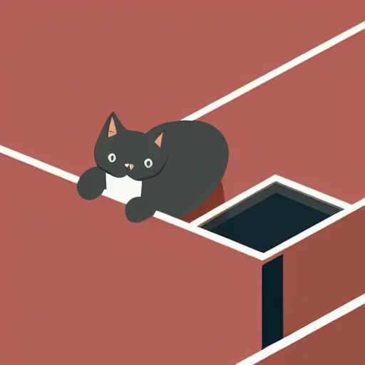 Image similar to a cat walking on the roof of a building, a minimalist painting by Emiliano Ponzi, behance, bauhaus, isometric, matte drawing, flat shading