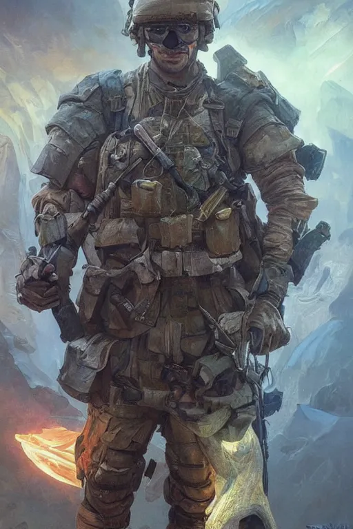 Image similar to special forces soldier with ukrainian blue yellow flag standing on a pile of skulls as a winner, masculine figure, d & d, fantasy, bright atmosphere, volumetric lights, intricate, elegant, extremely detailed, digital painting, artstation, concept art, matte, smooth, sharp focus, hyper realistic, illustration, art by artgerm and greg rutkowski and alphonse mucha