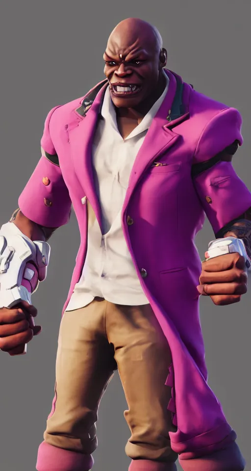 Image similar to doomfist, pink blazer, overwatch game, digital art, high detailed, artstation, octane render