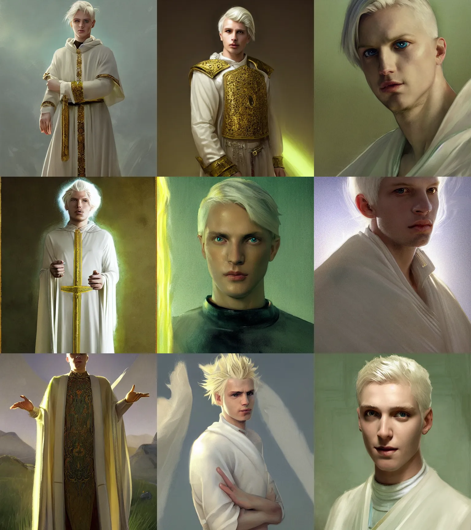 Prompt: Portrait of an Aasimar man wearing white and gold cleric vestments with light green eyes short platinum blonde hair a kind face a halo of light over his head and a distantly hopeful expression, cinematic lighting, detailed, beautiful, illustration by Greg Rutkowski, Andrei Riabovitchev Jean Giraud Tom Anders Zorn, Edward Hopper and Ilya Kushinov, Frederick Bacon, Tom Anders Zorn, John Collier, Vladimir Abat-Cherkasov