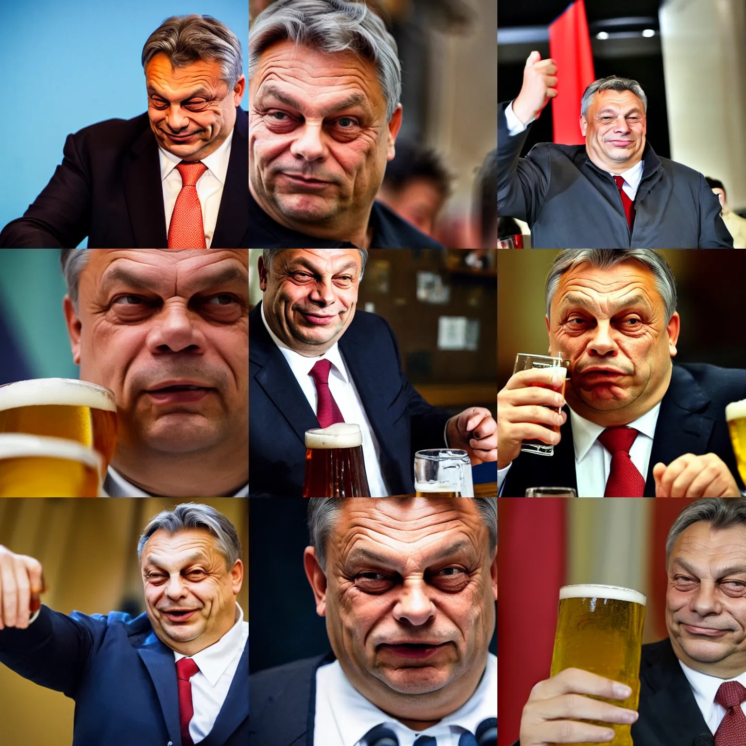 Prompt: headshot propaganda photo of communist viktor orban winking with beer