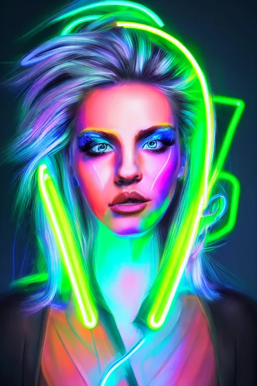 Image similar to a award winning half body portrait of a beautiful woman with stunning eyes in a croptop and cargo pants with rainbow colored ombre hairstyle head in motion and hair flying by thomas danthony, surrounded by whirling illuminated neon lines, outrun, vaporware, shaded flat illustration, digital art, trending on artstation, highly detailed, fine detail, intricate