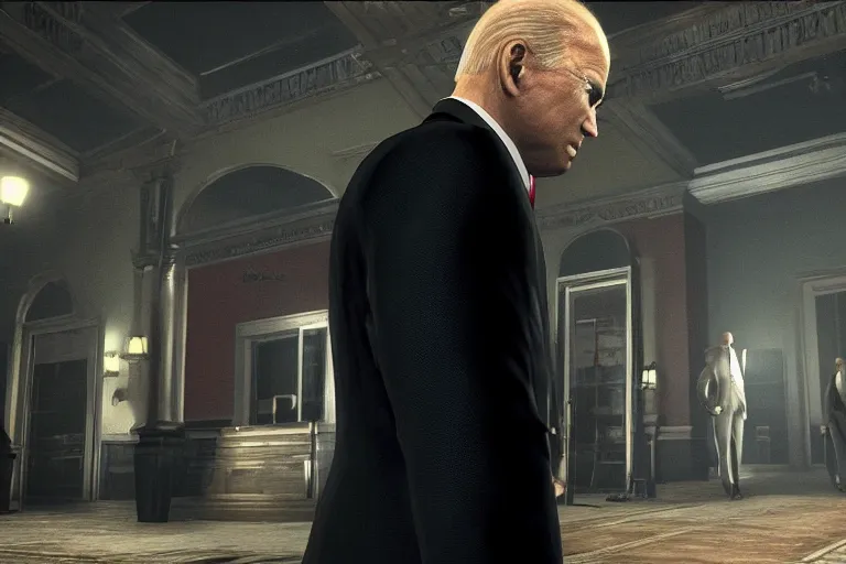 Image similar to screenshot of joe biden in hitman absolution