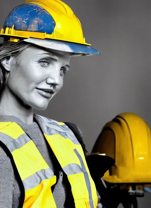 Prompt: closeup portrait of cheerful young cameron diaz as a crane operator, yellow hardhat, sitting in a crane, natural light, bloom, detailed face, magazine, press, photo, steve mccurry, david lazar, canon, nikon, focus