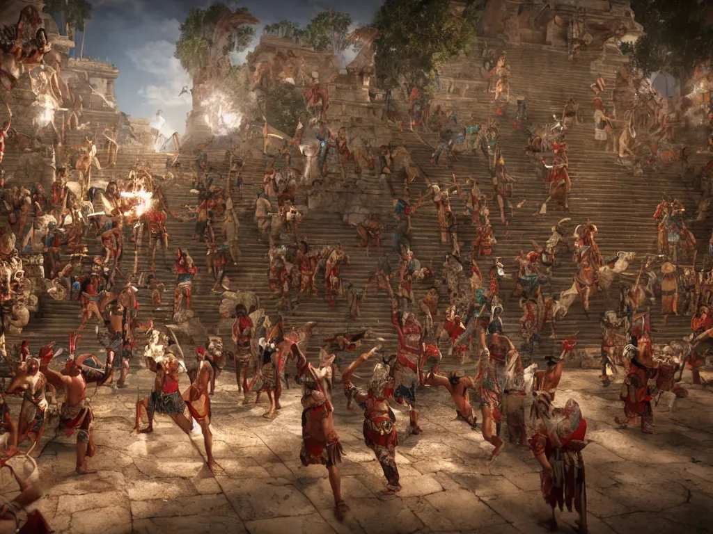 Image similar to 3 d render of aztec and mayan priests resurrecting the gods in a temple, cutscene, concept art, highly detailed, unreal engine, 4 k,