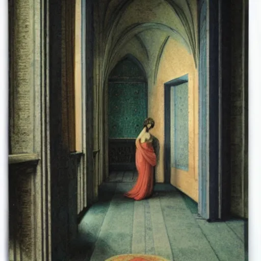 Prompt: a goddess in a liminal room, polaroid by leon battista alberti, limited color palette, very intricate, art nouveau, highly detailed, lights by hopper, soft pastel colors, minimalist