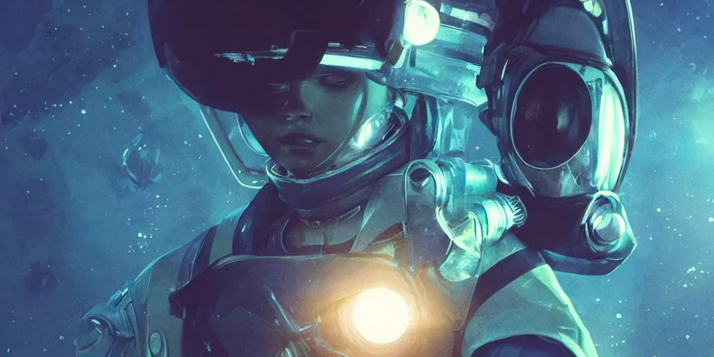 Image similar to Zoe Kravitz with short hair as a techpunk astronaut, helmet with led lights, underwater in the ocean at night, clear water, volumetric lighting, glowing lights, 4k, octane, digital painting, artstation, concept art, cinematic film, sharp focus, illustration, art by artgerm and greg rutkowski and alphonse mucha , wide angle view, full body