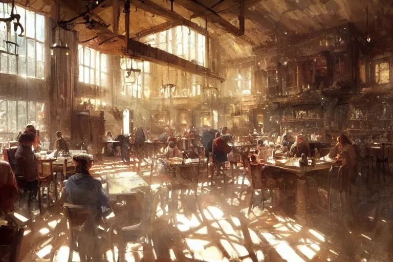 Image similar to A national geographic photo of the interior of an old inn restaurant filled with people by greg rutkowski, Trending on artstation