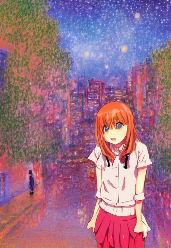 Image similar to wide angle portrait of a teenage girl, a thrifty outfit, somewhat of an anime in impressionist style, city street view background, starlit night sky, trending artwork, illustrated in anime painter studio, by claude monet