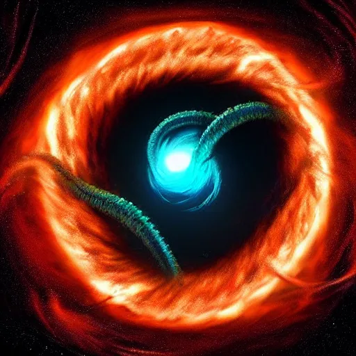 Prompt: hyperrealistic. A black hole in space with radiant tentacles violently devouring the universe.