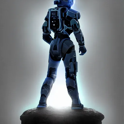 Image similar to sentry pod full body portrait with halo lighting, hard contrast shadows, deep blue background, subtle glow, matte painting, high resolution, 4k, photo-realistic, photorealistic, cinematic, trending on artstation, VHS, ink wash, photoshop composite.