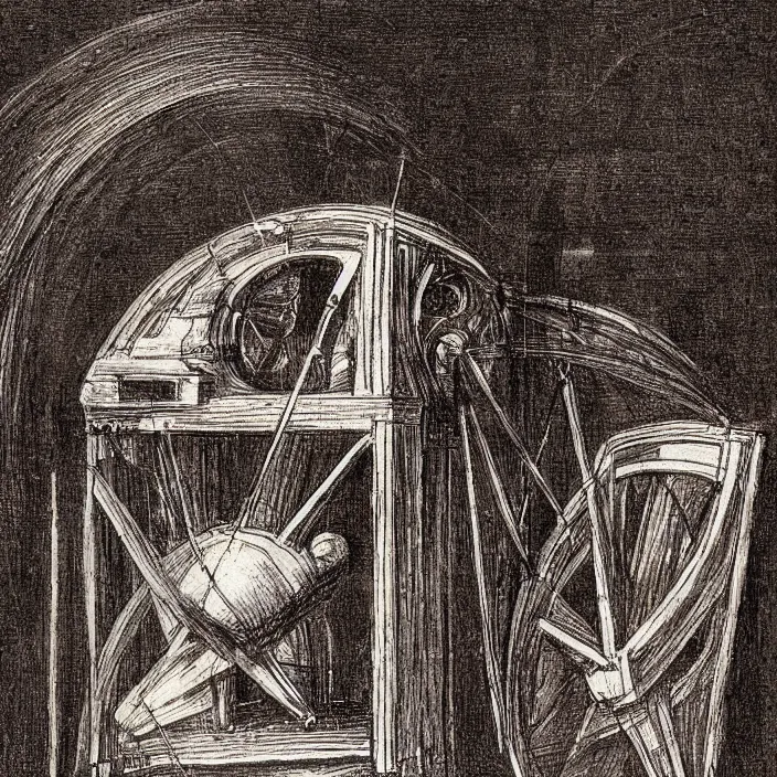 Prompt: a sketch of a time machine by leonardo da vinci.