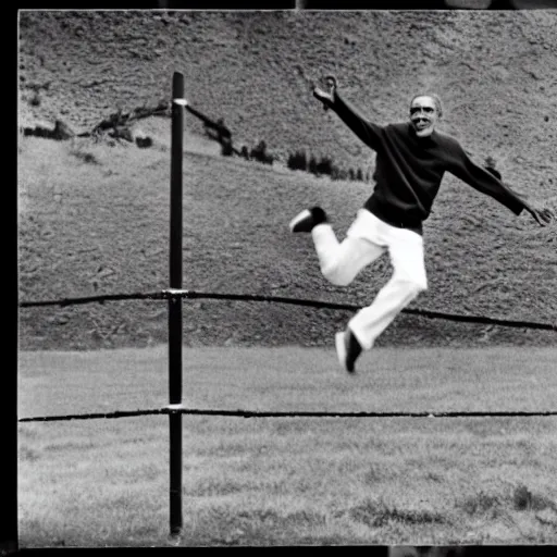 Prompt: barack obama jumping over fence. film strip. 9 frames.