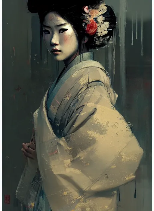 Image similar to female geisha girl, beautiful face, rule of thirds, intricate outfit, spotlight, by greg rutkowski, by jeremy mann, digital painting