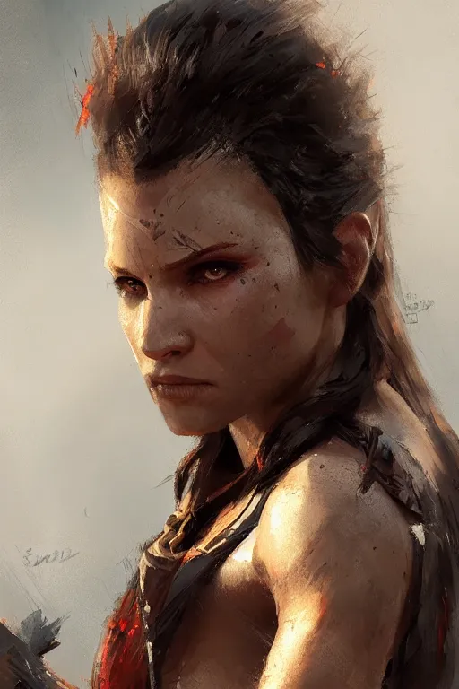 Image similar to portrait of a barbarian female, ultra sharp, very detailed, high quality focus by greg rutkowski and wlop