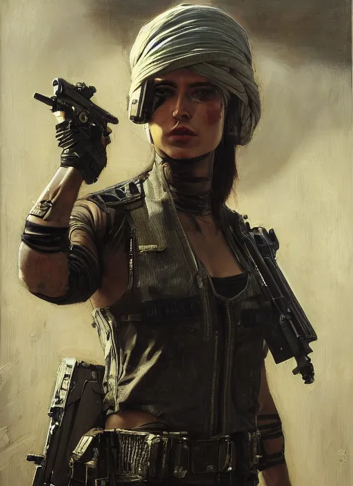 Prompt: buff Ella. beautiful cyberpunk soldier wearing a military vest and military gear (cyberpunk 2077). gorgeous face. Iranian orientalist portrait by john william waterhouse and Edwin Longsden Long and Theodore Ralli and Nasreddine Dinet, oil on canvas. Cinematic, hyper realism, realistic proportions, dramatic lighting, high detail 4k