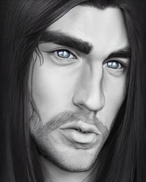 Image similar to portrait of tall, tired 3 3 - year - old handsome man with long black hair, grey eyes, wearing black clothes, hyper realistic face, beautiful eyes, character art, art by mark brooks, hyperdetailed, cryengine, trending on artstation, digital art