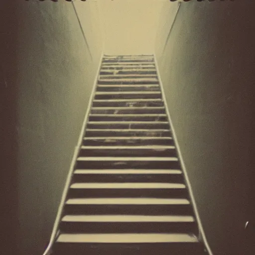 Prompt: dark stairs hallway, vintage, 3 5 mm film, 4 k, 8 k, photorealistic, polaroid, film grain, iso noise, burned pixels