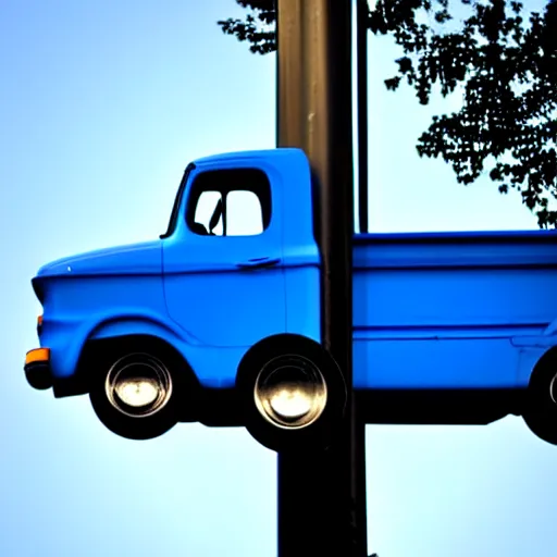 Image similar to blue truck dangling from atop a street light pole