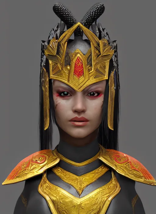 Image similar to a black crest, orthographic, ornament, female warrior's face, a 3 d render by dom qwek, front side views full, trending on polycount, artstation, hard surface modeling, rendered in maya, 3 ds max, blender, hd, vray, berserk blood