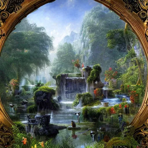 Prompt: a beautiful and highly detailed matte painting of a magical fountain in a fantasy garden in a lush forest deep in the mystical mountains, intricate details, epic scale, insanely complex, 8 k, sharp focus, hyperrealism, very realistic, by caspar friedrich, albert bierstadt, james gurney, brian froud,