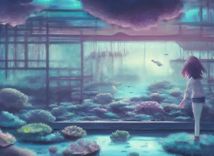 Image similar to placid pastel morning cozy moody cluttered painterly fluffy tiny cramped aquatic pet store, lots of aquariums, slanted ceiling, tiny space, particulate, trending on pixiv