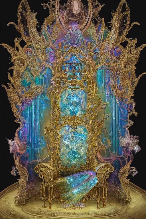 Prompt: highly detailed, intricate beautifully stunning picture of a beautiful ornate ethereal iridescent crystal throne, by disney, andrei riabovitchev, and peter mohrbacher