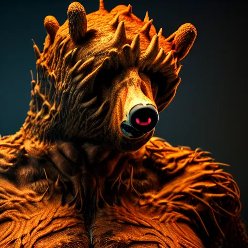 Image similar to a mutated bear monster illuminated by warm light, skull protruding from face, warped flesh, dreamlike, intricate detail, 3d render, octane render, god rays, depth of field, trending on artstation, 4k, hd