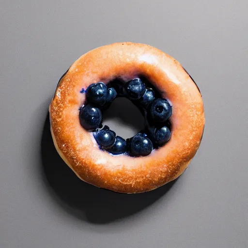 Image similar to Perfectly circular donut!!!!! in the style of a blueberry!!!!!!, blueberry donut!!!!, trending on artstation, 4k, 8k, professional photography, overhead shot, 35mm lens