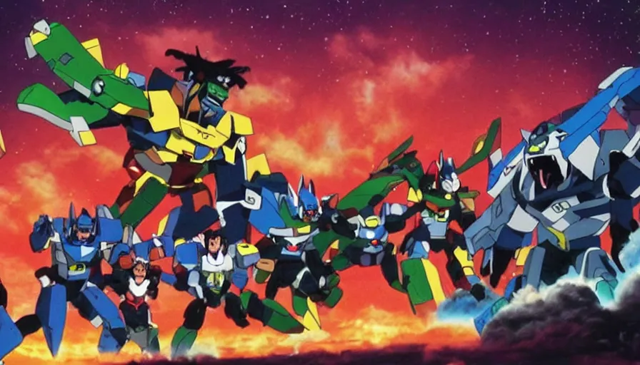 Image similar to full - color cinematic movie still from a live - action voltron action film directed by michael bay. the scene features the robotic lions from voltron fighting against ugly kaiju monster robeasts on the planet arus. realistic movie of golion. highly - detailed ; photorealistic ; epic.