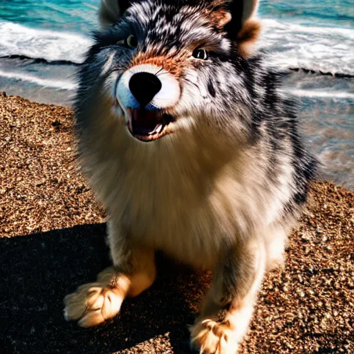 Image similar to a photorealistic adorable fierce furry monster wolf rabbit with a bow on its ears, Smiling at the camera with a mischievous grin, happy lighting, at a tropical beach