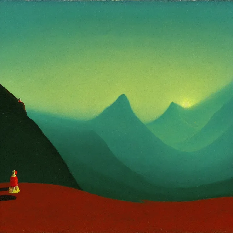 Prompt: a small figure staring at a giant mountain, bell curve, glowing, arkhip kuindzhi painting, teal palette, eschaton